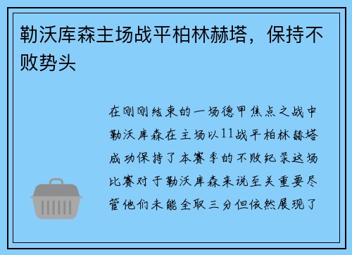勒沃库森主场战平柏林赫塔，保持不败势头